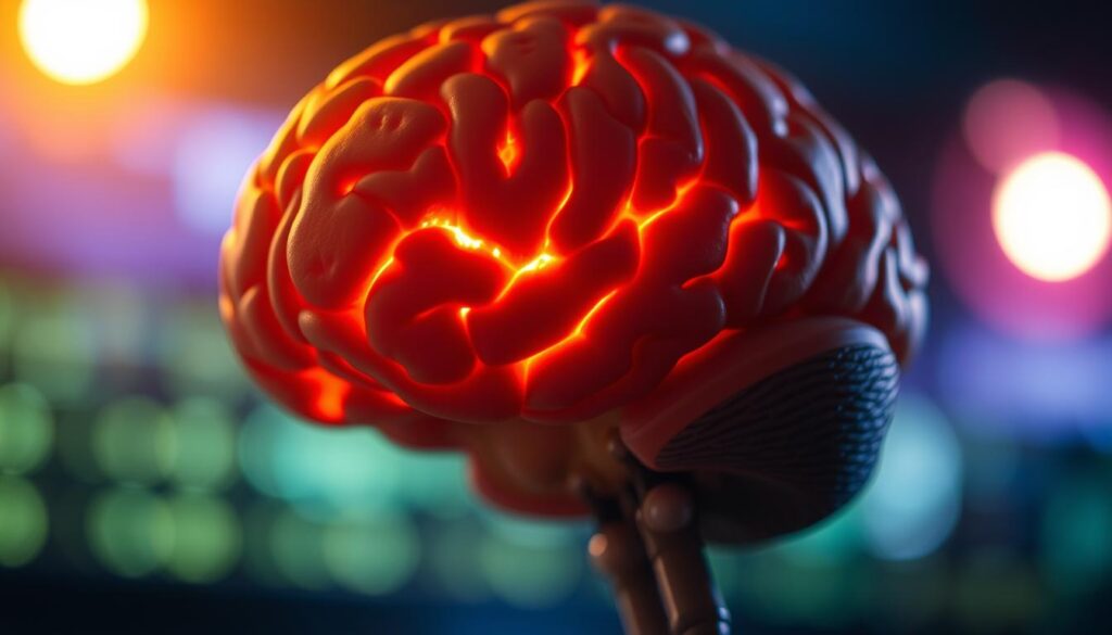 A detailed, close-up view of the human brain, with a distinct focus on the prefrontal cortex - the region associated with self-control, decision-making, and willpower. The brain is illuminated by a warm, soft lighting, creating a sense of introspection and concentration. The image is shot at a slight angle, giving the viewer a sense of depth and perspective. The background is blurred, keeping the attention firmly on the brain and its intricate structures. The overall mood is one of scientific study and exploration, inviting the viewer to delve deeper into the fascinating mechanisms behind self-control and goal-achievement.