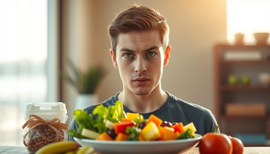 A determined individual, facing a plate of fresh, vibrant produce, gazes intently at the camera. The scene is bathed in warm, natural lighting, captured with a medium-wide angle lens. In the foreground, various obstacles - tempting fast food, unhealthy snacks, and a busy schedule - are depicted with subtle, translucent overlays, hinting at the challenges of maintaining a healthy diet. The middle ground features the individual, standing resolute, conveying a sense of focus and determination to overcome these obstacles. The background is a calm, serene setting, emphasizing the tranquility and balance that can be achieved through a healthy, mindful approach to eating.