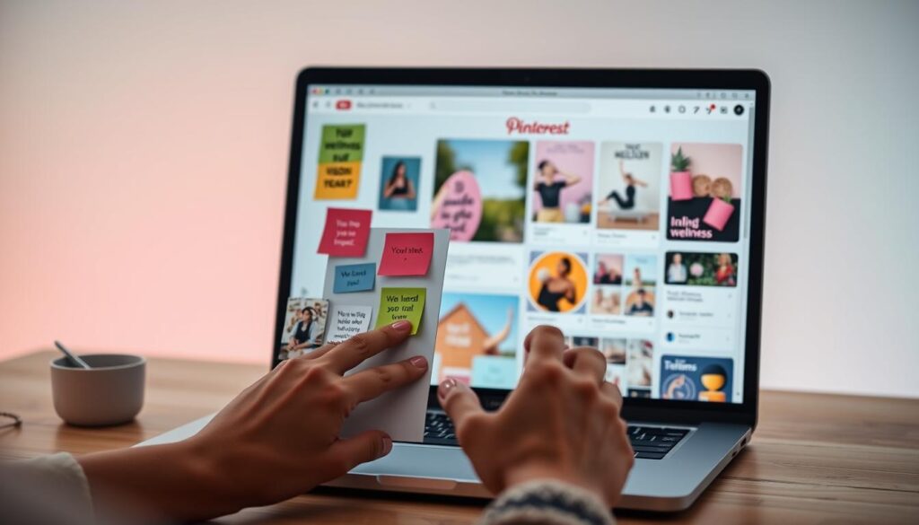 A digital wellness vision board with a vibrant, modern aesthetic. In the foreground, a person's hands arranging colorful sticky notes, photographs, and motivational quotes on a soft-white digital canvas in Canva. In the middle ground, a sleek laptop displaying a Pinterest board filled with inspirational wellness images, icons, and typographic designs. The background features a gradient of soothing pastels, evoking a sense of tranquility and focus. Soft, diffused lighting creates a warm, inviting atmosphere, while a shallow depth of field emphasizes the creative process. The composition captures the intersection of technology, mindfulness, and personalized goal-setting for a holistic 2025 wellness vision.