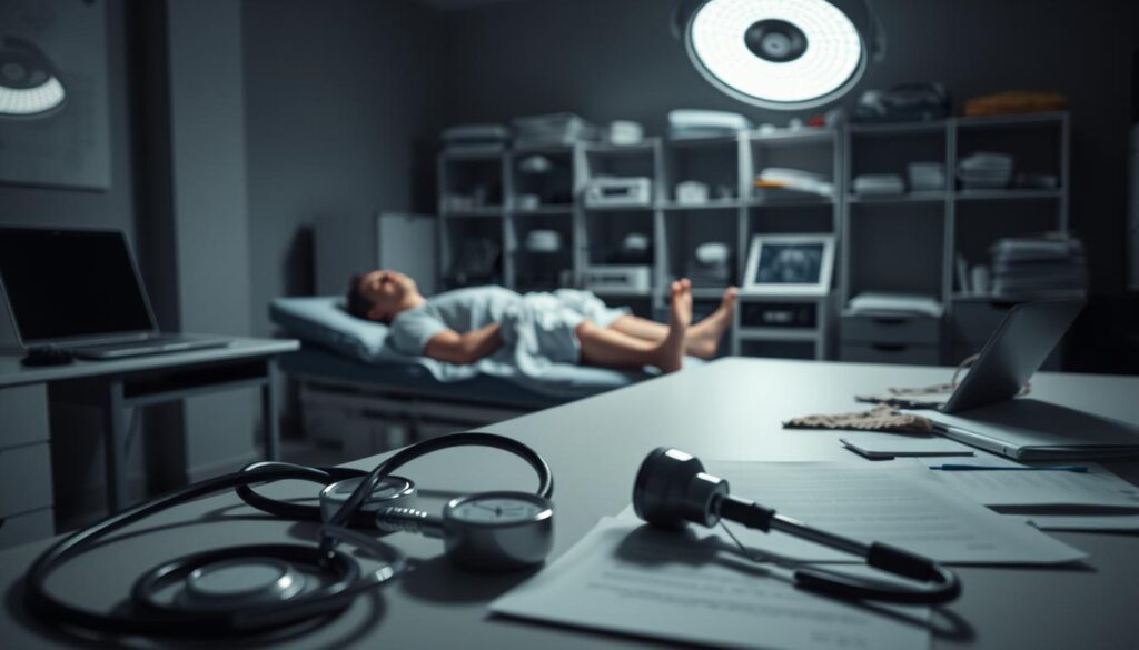 A dimly lit examination room with a focused spotlight illuminating a fatigued patient on a medical examination table. In the foreground, various medical instruments - stethoscope, sphygmomanometer, and reflex hammer - suggest an in-depth diagnosis. The middle ground features a desk with a laptop and scattered medical files, hinting at the process of investigating the underlying causes of the patient's persistent fatigue. The background is slightly blurred, but suggests a medical facility with shelves of medical supplies and diagnostic equipment. The overall atmosphere conveys a sense of concern and the determination to uncover the hidden medical conditions behind the patient's constant tiredness.