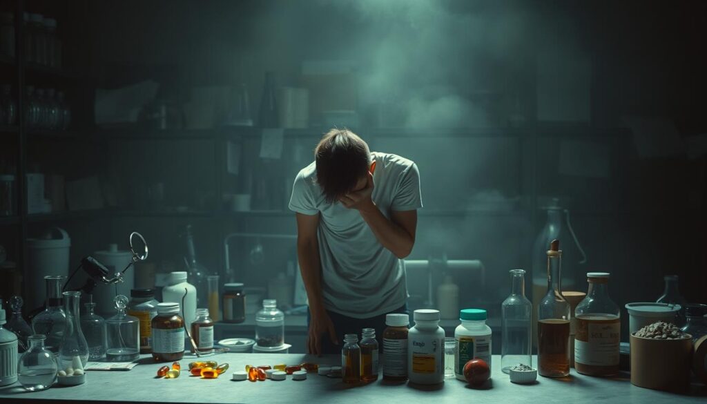 A dimly lit laboratory setting, with an array of scientific instruments and glassware on a cluttered workbench. In the foreground, a human figure, appearing fatigued and drained, stands hunched over, examining a collection of vitamin supplements and mineral samples. The background is hazy, with muted hues and a sense of melancholy, emphasizing the individual's struggle with nutritional deficiencies and their impact on energy levels. Soft, directional lighting casts shadows, adding depth and a sense of depth to the scene. The overall atmosphere conveys the concept of &quot;Nutritional Deficiencies Causing Your Exhaustion.&quot;