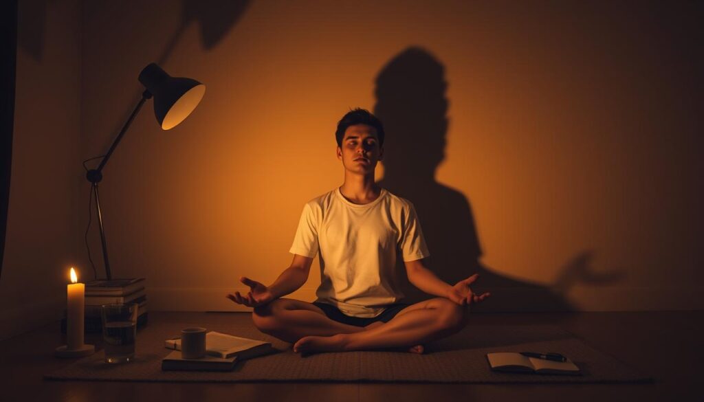 A dimly lit room, with soft, warm lighting from a desk lamp casting shadows on the walls. In the center, a person sitting cross-legged on the floor, eyes closed, deep in meditation. Surrounding them, a collection of symbolic objects - a burning candle, a stack of books, a glass of water, and a notebook with a pen. The atmosphere is one of focus, discipline, and a sense of inner strength and determination. The image conveys the idea of willpower techniques, the process of cultivating mental and emotional resilience through mindful practices.
