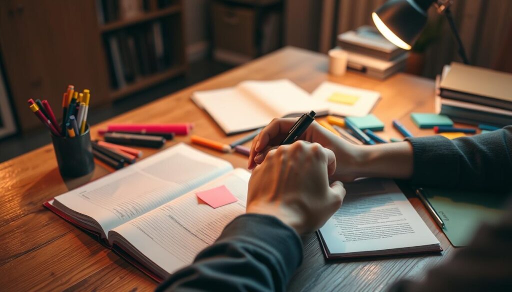 A dimly lit study room, soft warm lighting casts an introspective glow. On a large wooden desk, an open journal lies next to a meticulously organized array of pens, highlighters, and sticky notes. In the foreground, a person's hands thoughtfully rearrange these tools, planning and strategizing their next steps towards a set of clearly defined goals. The background is blurred, drawing the viewer's attention to the intentional act of goal-setting, conveying a sense of focus, determination, and personal growth.