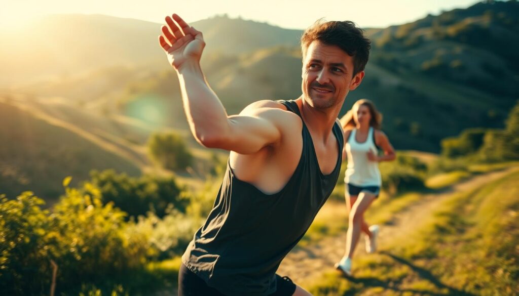 A dynamic scene showcasing the energizing effects of exercise. In the foreground, a person performing a series of dynamic stretches, their muscles rippling with vitality. The middle ground features a person jogging purposefully, a subtle glow emanating from their skin. In the background, a lush, sun-dappled landscape, with rolling hills and verdant foliage, creating a sense of rejuvenation and natural vitality. The lighting is warm and inviting, casting a soft, golden hue that accentuates the subject's movements and energy. Shot with a wide-angle lens, the composition emphasizes the interconnectedness of the human form and the natural world, conveying the holistic benefits of physical activity.
