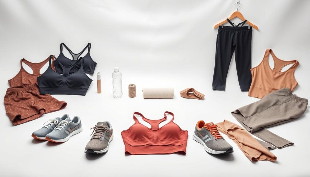 A high-quality, well-lit studio image of various workout apparel items laid out on a clean, minimalist background. In the foreground, a selection of athletic tops, bottoms, and accessories such as sports bras, leggings, and running shoes in neutral, earthy tones. The middle ground features a water bottle, towel, and other gym essentials. The background is a simple, white seamless backdrop, with soft, even lighting from multiple angles to highlight the textures and details of the products. The overall mood is one of modern, functional fitness fashion, showcasing performance-driven garments suitable for a variety of workout routines.