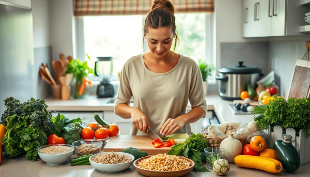 A kitchen countertop laden with various healthy ingredients, such as fresh produce, whole grains, and lean proteins. In the foreground, a person is chopping vegetables with a focused expression, demonstrating the preparation of a nutritious meal. The middle ground features a few appliances, including a blender and a slow cooker, representing time-saving strategies for clean eating. The background shows a window overlooking a lush, green garden, symbolizing the connection between clean eating and a healthy, sustainable lifestyle. The scene is bathed in warm, natural lighting, creating a welcoming and aspirational atmosphere.