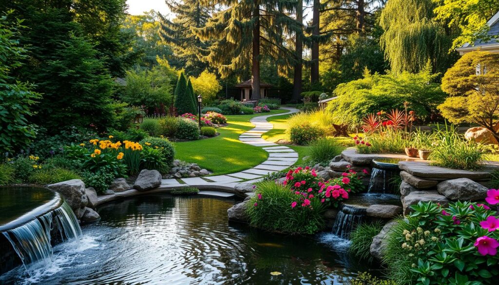 A lush, verdant backyard oasis with a captivating water feature seamlessly integrated into the landscape. In the foreground, a gently cascading waterfall spills into a serene pond, its surface glistening under the warm, golden afternoon sunlight. Surrounding the tranquil water body, a well-manicured garden boasts a variety of vibrant flowers and lush, textured foliage that create a natural, harmonious composition. In the middle ground, a winding stone pathway leads visitors through the peaceful scene, inviting them to explore the harmonious blend of water and greenery. In the background, tall, mature trees sway softly, casting gentle shadows and adding depth and dimension to the serene, calming atmosphere.