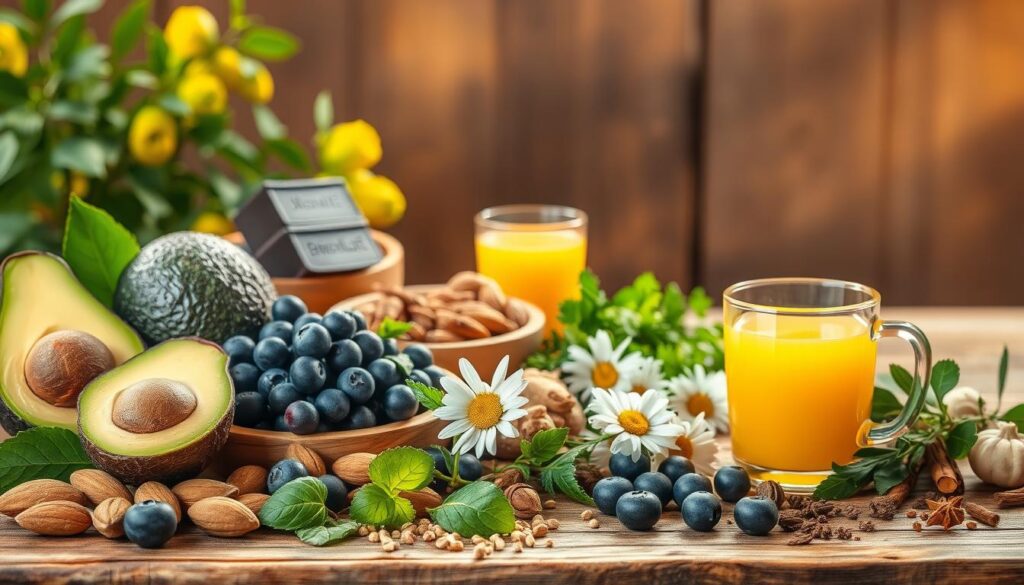 A lush, vibrant still life scene showcasing an assortment of natural stress-relieving foods. In the foreground, a carefully arranged display of whole foods like avocados, blueberries, almonds, dark chocolate, and chamomile tea. The middle ground features a rustic, wooden table with a scattering of fresh herbs, spices, and a glass of freshly squeezed orange juice. The background is bathed in warm, golden light, creating a soothing, calming atmosphere. The image evokes a sense of balance, nourishment, and tranquility - emphasizing the power of these essential nutrients to combat fatigue and promote natural stress relief.