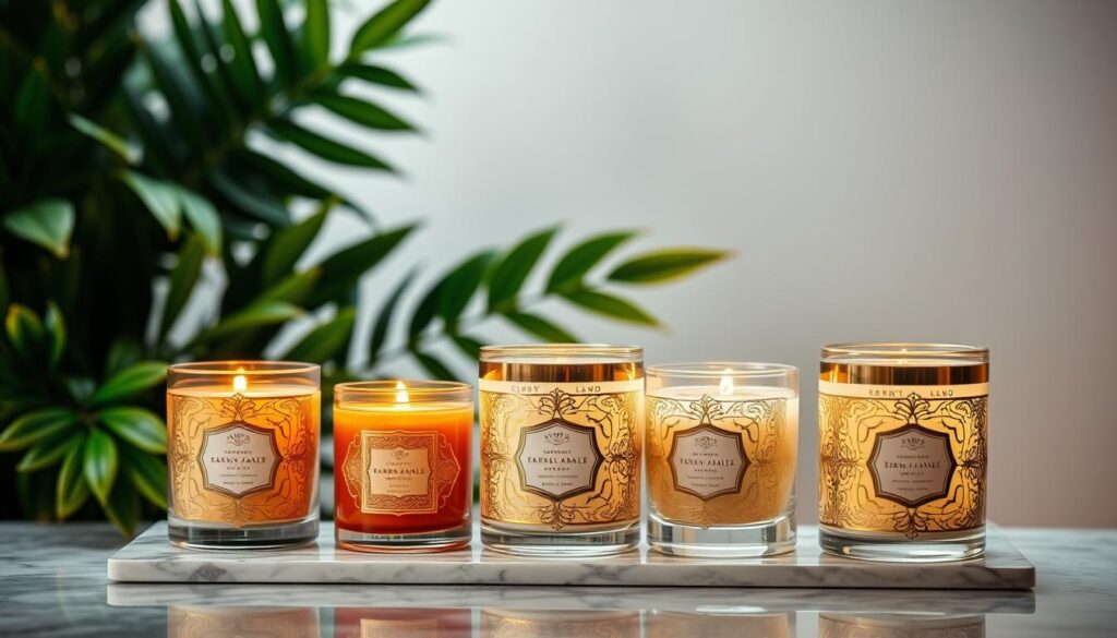 A luxurious still life of high-end scented candles in elegant glass jars, softly illuminated by warm, diffused lighting. The candles are positioned on a marble or granite surface, with a background of lush, verdant foliage or a neutral, minimalist setting that showcases their refined, sophisticated design. The candles are available in a range of soothing, natural hues like amber, sage, or soft white, with intricate patterns or gilded details that add a touch of opulence. The overall mood is one of tranquility, comfort, and understated elegance, inviting the viewer to imagine how these candles could transform a space into a cozy, indulgent retreat.
