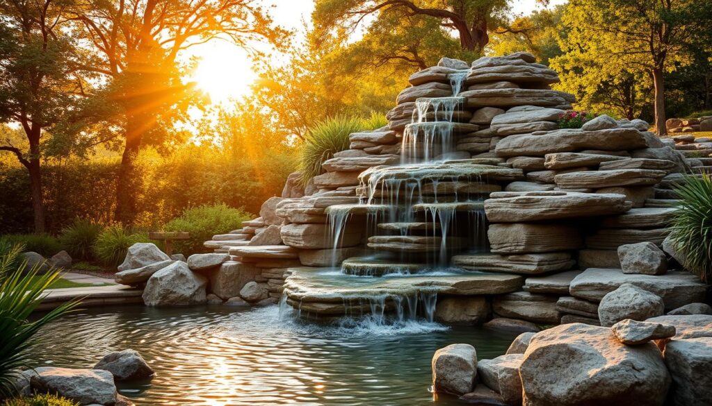 A majestic backyard oasis with a captivating stone waterfall fountain as the centerpiece. The natural, rugged stone layers cascade gently down, creating a soothing symphony of moving water. Lush, verdant foliage frames the scene, lending an organic, serene atmosphere. Warm, golden sunlight filters through the trees, casting a soft, captivating glow over the entire setting. The water's surface reflects the dancing patterns of light, adding a mesmerizing, almost ethereal quality. Carefully placed boulders and rocks enhance the natural aesthetic, seamlessly blending the fountain into its picturesque surroundings. This luxurious, nature-inspired water feature invites relaxation and wonder, creating a true outdoor sanctuary.