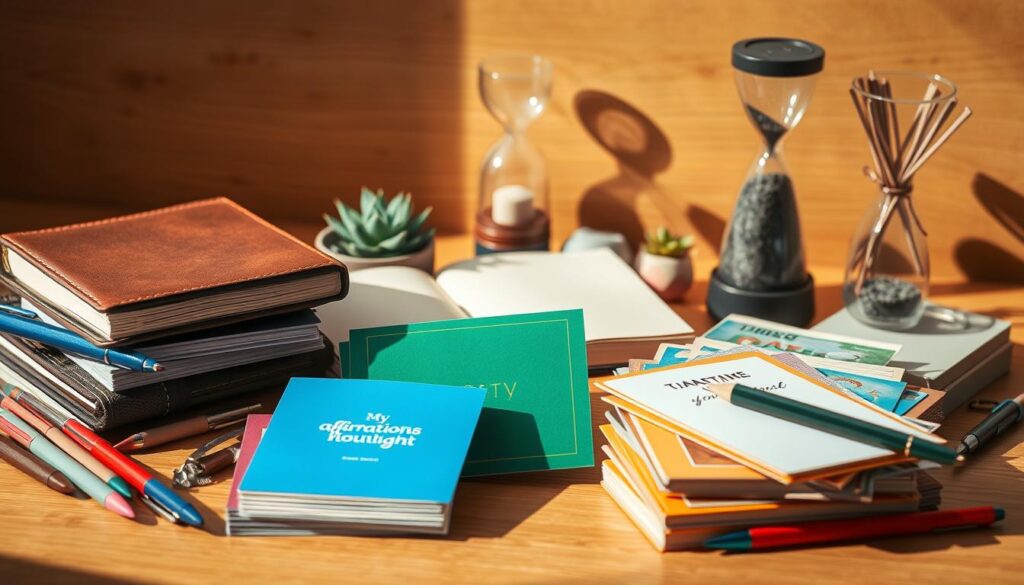 A meticulously crafted still life arrangement showcasing an assortment of self-improvement tools and mental health cards. In the foreground, a set of vibrant affirmation cards are neatly stacked, their designs reflecting themes of positivity and personal growth. Surrounding them are various tactile objects like a leather-bound journal, a set of multicolored pens, and a small hourglass timer, all bathed in warm, natural lighting that casts gentle shadows. In the middle ground, a potted succulent and a zen rock garden create a calming, minimalist backdrop, while the background features a softly blurred wooden surface, evoking a serene, introspective atmosphere. The overall composition radiates a sense of mindfulness, organization, and a holistic approach to personal development.