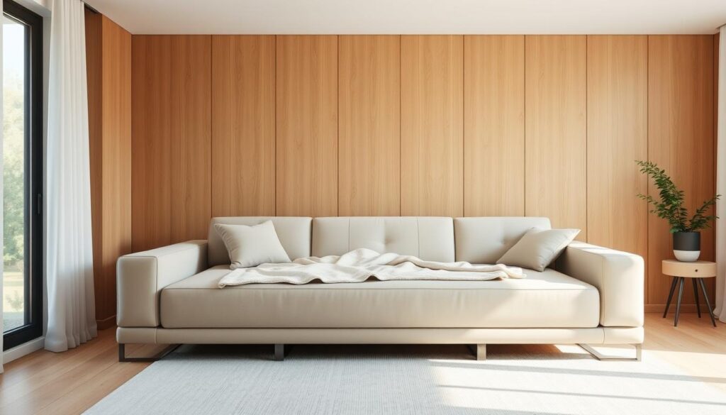 A minimalist, sleek convertible furniture piece in a well-lit, airy bedroom. The focus is on a modern, modular sofa that can effortlessly transform into a comfortable bed, with clean lines, neutral tones, and plush upholstery. The sofa is positioned against a backdrop of warm, natural wood paneling, complemented by a large window that floods the space with soft, diffused natural light. The overall atmosphere exudes a sense of versatility, comfort, and efficient use of limited bedroom space.