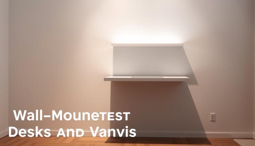 A modern, minimalist wall-mounted desk setup with a sleek floating shelf and a simple white or light-colored desk surface. The desk is mounted securely on the wall, leaving ample open floor space below. The lighting is soft and indirect, creating a warm, cozy atmosphere. The scene is captured from a slightly low angle, emphasizing the desk's floating effect. The background is a clean, uncluttered room with neutral tones, allowing the desk to be the focal point. The overall aesthetic is contemporary, functional, and space-saving, reflecting the &quot;Wall-Mounted Desks and Vanities&quot; section of the article.