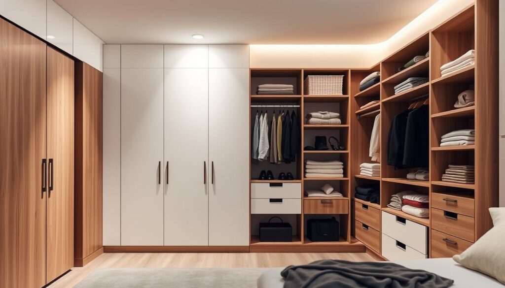 A modern, well-organized wardrobe system with clean lines and efficient storage solutions. The foreground features an array of sliding doors, shelves, and drawers in a minimalist wood and white color palette. Soft, directional lighting from above accentuates the sleek, modular design. The middle ground showcases a variety of neatly folded clothes and accessories, while the background subtly implies a serene, decluttered bedroom environment. The overall composition conveys a sense of order, functionality, and space-saving elegance.
