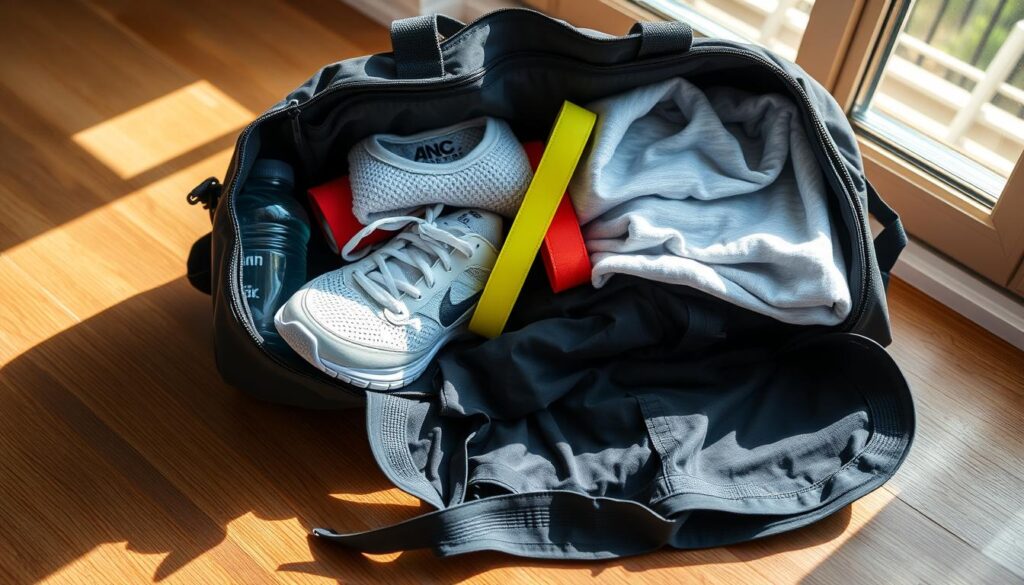 A neatly arranged gym bag rests on a wooden surface, sunlight streaming through a nearby window. Inside, an assortment of essential workout gear is displayed in an organized fashion: a water bottle, a clean towel, a pair of comfortable athletic shoes, a resistance band, a sweat-wicking t-shirt, and a pair of breathable shorts. The bag's exterior is a sleek, durable material, conveying a sense of practicality and reliability. The overall scene evokes a feeling of preparedness and a dedication to a healthy, active lifestyle.