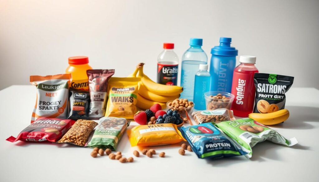 A neatly arranged selection of high-protein, nutrient-dense gym snacks rests on a clean white surface, bathed in warm, natural light. In the foreground, an assortment of energy bars, protein-packed trail mixes, and bite-sized protein bites are displayed. In the middle ground, a variety of sports drinks, electrolyte-infused waters, and protein shakers sit alongside fresh fruit like bananas and berries. The background features a clean, minimalist backdrop, allowing the snacks to take center stage and exude a sense of health, fitness, and performance.