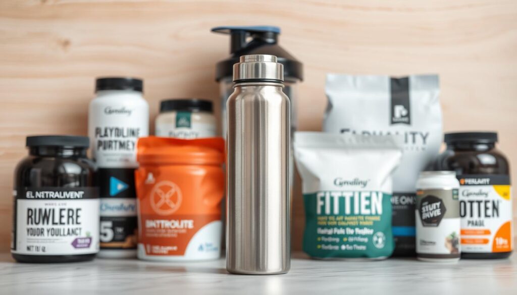 A neatly arranged still life featuring an assortment of hydration-focused fitness essentials. In the foreground, a sleek, stainless steel water bottle with a clean, minimalist design takes center stage. Behind it, a variety of high-quality electrolyte and protein supplements in stylish, modern packaging are displayed against a soft, diffused light. The middle ground showcases a protein shaker with a built-in mixer ball, complementing the hydration theme. The background features a subtle, textured surface, perhaps a wooden or marble-like material, creating a sophisticated, wellness-oriented atmosphere. The entire composition is captured with a shallow depth of field, emphasizing the key elements and lending a professional, editorial-style aesthetic.