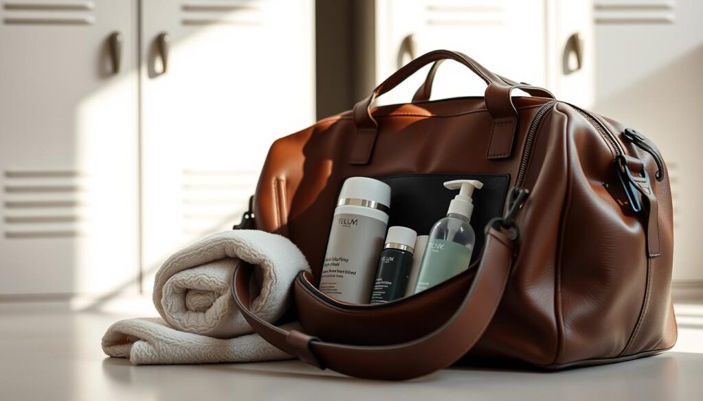 A neatly arranged still life of essential personal care items for the gym, illuminated by soft natural lighting. In the foreground, a sleek, well-worn leather gym bag rests open, revealing its contents: a plush towel, a travel-sized deodorant, a refreshing face mist, and a selection of mini toiletries. In the middle ground, a serene neutral-toned backdrop accentuates the items, while the background features a minimalist, clean-lined gym locker, hinting at the active lifestyle they support. The composition conveys a sense of organization, practicality, and a commitment to self-care during workout routines.