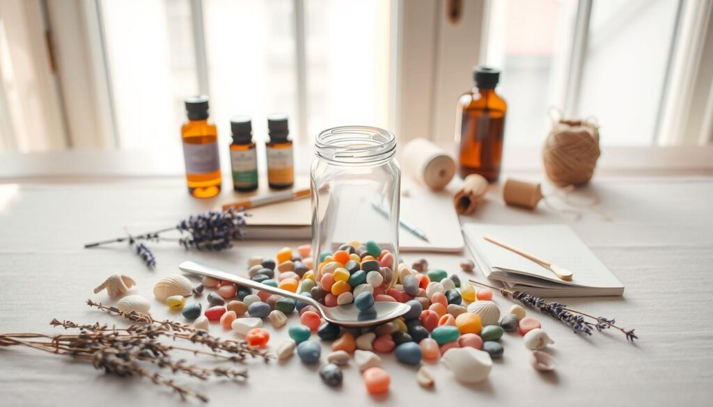 A neatly arranged table displays an assortment of materials for crafting a DIY relaxation jar. In the foreground, a glass jar, colorful pebbles, and a spoon sit pristinely. Scattered around are sprigs of dried lavender, seashells, and a small notebook. Midground, a few calming essential oil bottles and a spool of twine provide accents. The background features soft, natural lighting that filters through a large window, casting a serene ambiance over the scene. The overall mood is one of mindfulness, order, and the promise of a peaceful, personalized meditation tool.