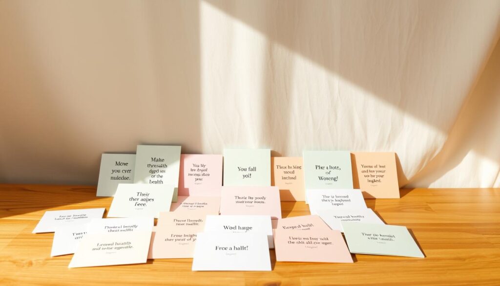 A neatly curated display of various mental health affirmation cards. The foreground features an array of cards in different pastel hues, arranged in a visually appealing manner on a wooden surface. The middle ground showcases a serene, minimalist backdrop, perhaps a plain white wall or a soft-toned fabric. Warm, natural lighting casts gentle shadows, creating a soothing and calming atmosphere. The overall composition emphasizes the simplicity and functionality of the cards, inviting the viewer to imagine incorporating them into a self-care routine. The image conveys a sense of tranquility, mindfulness, and the potential for daily affirmation and personal growth.