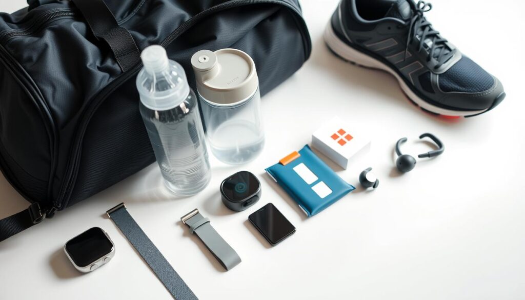 A neatly organized gym bag rests on a clean, well-lit surface. In the foreground, an array of fitness tracking devices are carefully arranged - a sleek smartwatch, a compact heart rate monitor, and a minimalist fitness tracker. The middle ground showcases a selection of workout essentials - a water bottle, a protein shaker, and a small first-aid kit. In the background, a pair of high-performance running shoes and a set of wireless earbuds create a cohesive athleisure-inspired scene. The lighting is soft and diffused, highlighting the functionality and attention to detail of the curated gym bag contents. The overall mood is one of efficiency, preparedness, and a passion for an active lifestyle.