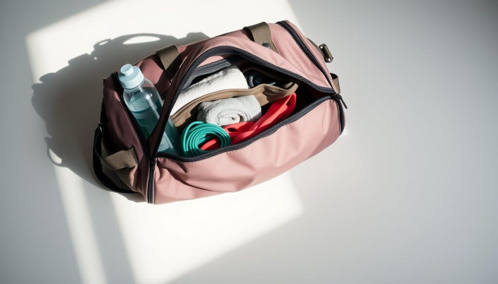 A neatly organized gym bag with various compartments and pockets, filled with fitness essentials like water bottle, towel, resistance bands, and sports bra. The bag is placed on a clean, minimalist surface, illuminated by soft, natural lighting that casts subtle shadows. The composition emphasizes the efficient storage and accessibility of the workout gear, conveying a sense of preparedness and intentionality. The overall atmosphere is calm, organized, and inspiring, reflecting the "Organization Hacks: Keeping Your Gym Bag Tidy" section of the article.