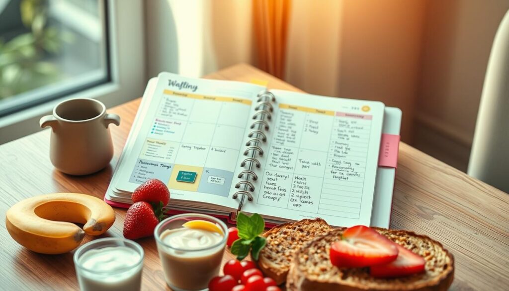 A neatly organized personal planner with colorful icons and handwritten notes rests atop a wooden desk. The planner's pages display a weekly schedule, meal plan, and wellness tracker, reflecting a holistic approach to a healthy morning routine. Soft, natural lighting filters through a nearby window, casting a warm glow over the scene. A variety of healthy breakfast ingredients, such as fresh fruits, yogurt, and whole-grain toast, are arranged in the foreground, suggesting personalized meal planning. The overall composition conveys a sense of mindfulness, productivity, and balance, capturing the essence of a customized healthy lifestyle.