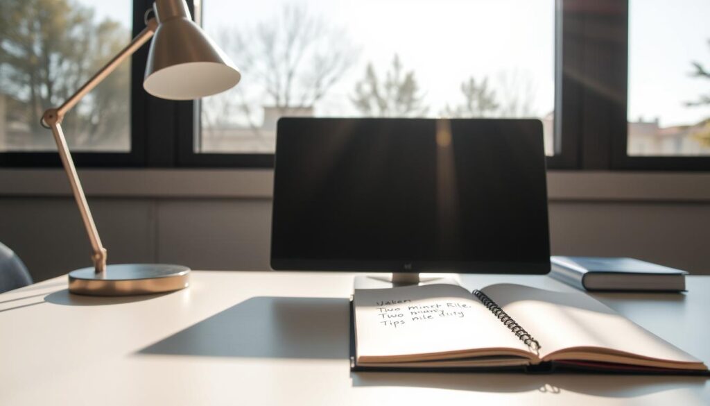 A neatly organized workspace with a sleek desktop computer, a minimalist lamp, and a succinct white notepad showcasing handwritten productivity tips. The mid-afternoon sunshine filters through large windows, casting a warm, focused glow on the setup. The composition emphasizes simplicity and efficiency, reflecting the "Two-Minute Rule" theme. The overall atmosphere conveys a sense of clarity, focus, and the opportunity to achieve meaningful tasks in a well-designed environment.