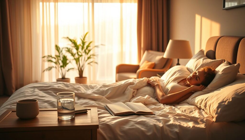 A peaceful bedroom scene with warm, golden lighting filtering through sheer curtains. In the foreground, a serene figure rests peacefully in a comfortable bed, surrounded by plush bedding and soothing textures. Beside the bed, a nightstand holds a glass of water, a journal, and a calming essential oil diffuser. In the middle ground, a potted plant and a cozy armchair create a sense of tranquility. The background features a softly blurred view of a window, hinting at the restful outdoors. The overall mood is one of restorative sleep, self-care, and wellness.