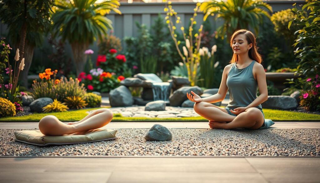 A peaceful, serene morning scene of a person meditating in a tranquil garden setting. The foreground shows a person sitting cross-legged on a meditation cushion, their eyes closed and hands resting gently in their lap, exuding a sense of inner calm. The middle ground features a small zen garden with carefully raked gravel patterns and a few carefully placed stones. The background showcases a lush, verdant garden with a mix of vibrant flowers, foliage, and a trickling water feature that adds a soothing ambiance. Warm, diffused natural lighting bathes the scene, creating a soft, contemplative atmosphere. The overall composition emphasizes harmony, balance, and a mindful connection with nature.