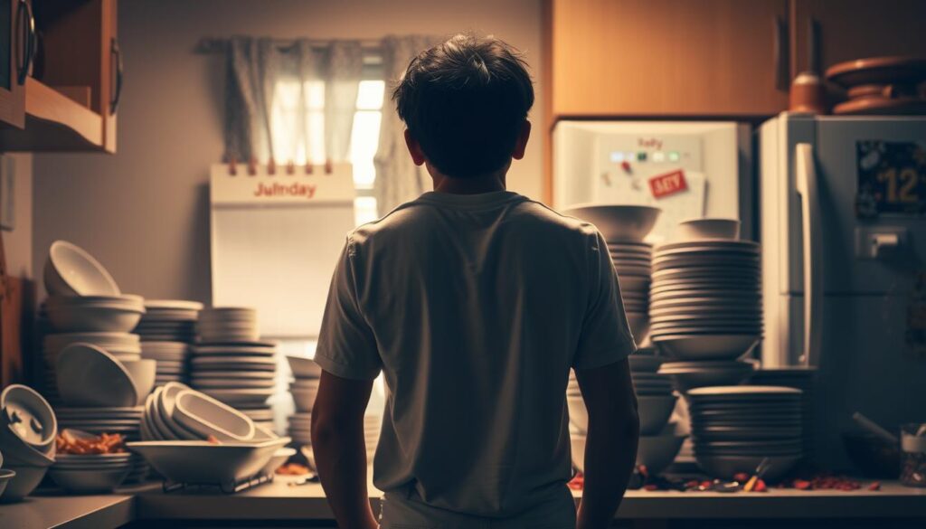 A person standing before a cluttered kitchen counter, weighed down by a towering pile of dirty dishes, empty cereal bowls, and scattered keys. The figure looks frustrated, shoulders slumped, yet determined to tackle the morning obstacles. Soft, warm lighting filters through a nearby window, casting a hopeful glow. In the background, a calendar on the fridge displays the busy day ahead, a reminder of the importance of establishing a productive routine. The scene conveys the challenge of maintaining a healthy morning regimen amidst the everyday chaos, yet suggests the potential for overcoming these obstacles with focus and perseverance.