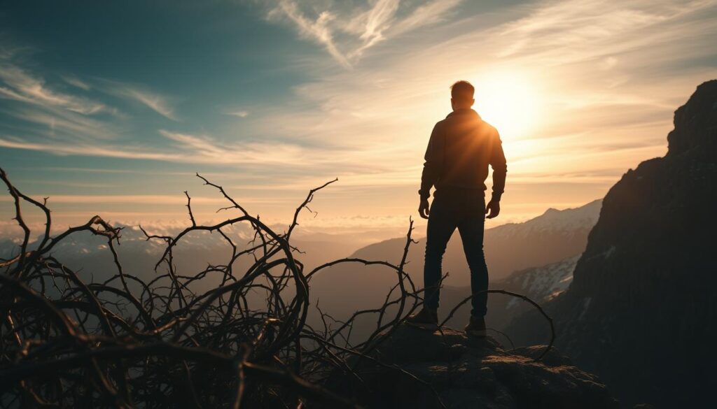 A person standing on a rocky cliffside, gazing out at a vast, rugged landscape. The figure is backlit by a warm, golden sun peeking through wispy clouds, creating a dramatic, introspective mood. In the foreground, a tangled web of thorny vines and branches represents the mental and emotional obstacles to be overcome. The background features a distant, snow-capped mountain range, symbolizing the lofty goals and aspirations that willpower can help achieve. Captured with a wide-angle lens, the composition emphasizes the vastness of the challenge, while the subject's contemplative pose suggests the inner resolve required to surmount it.