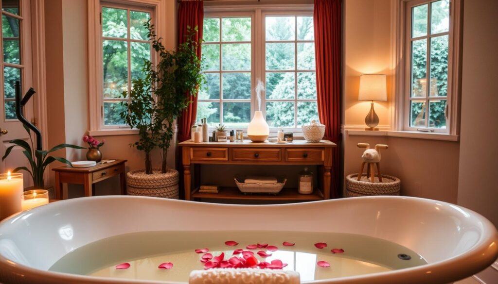 A relaxing home spa day on a budget. In the foreground, a clawfoot bathtub filled with warm, fragrant water and surrounded by candles, rose petals, and a plush bath mat. In the middle ground, a wooden vanity holds an array of luxurious lotions, bath salts, and a glowing diffuser emitting soothing essential oils. The background features a large window overlooking a lush, tranquil garden, allowing natural light to filter in and create a serene, spa-like atmosphere. The room is illuminated by soft, indirect lighting, casting a warm glow throughout. The overall mood is one of indulgence, relaxation, and self-care, all achieved through thoughtful, budget-friendly touches.