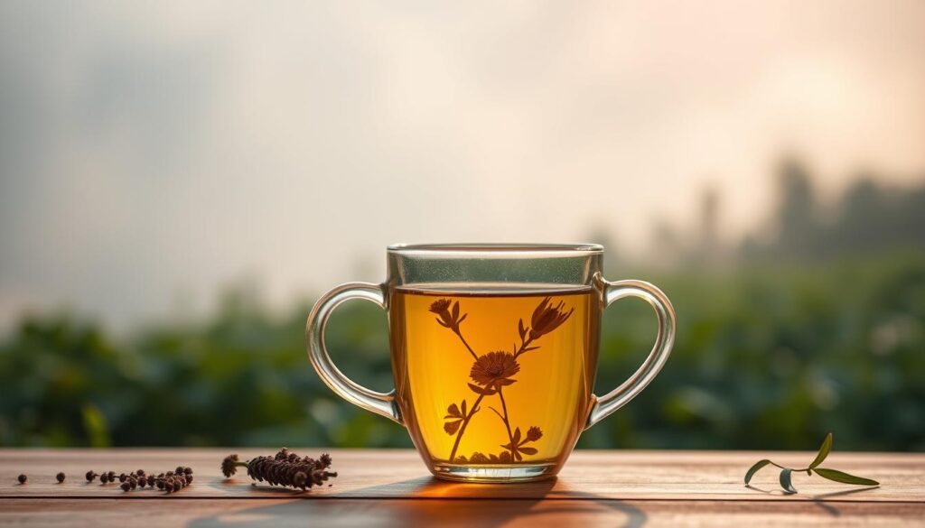 A serene and calming scene of a glass teacup filled with fragrant valerian root tea, steaming gently against a soft, natural backdrop. The teacup is positioned centrally, illuminated by warm, diffused lighting that casts subtle shadows, creating a cozy and inviting atmosphere. In the background, a soothing landscape emerges, featuring lush, verdant foliage and a tranquil, misty ambiance, evoking a sense of peace and relaxation. The overall composition is balanced and harmonious, reflecting the restorative properties of valerian root tea and its ability to calm the nerves and promote restful sleep.