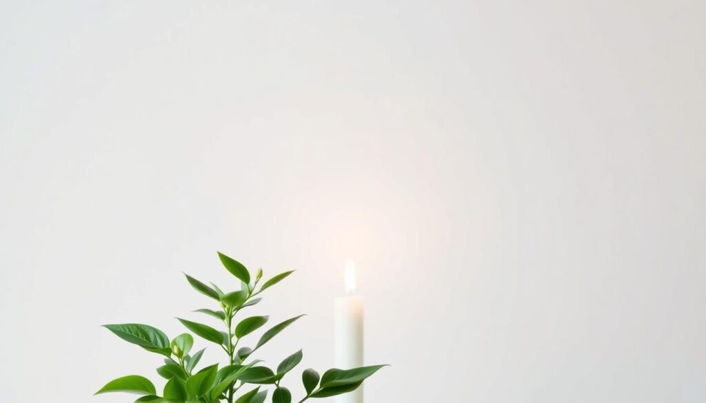 A serene and minimalist wellness vision board for 2025, showcasing a clean, uncluttered layout. In the foreground, a vibrant green plant symbolizes growth and renewal, its lush foliage against a soft, muted background. In the middle ground, a candle flame flickers, radiating a warm, calming glow. The background features a subtle gradient, transitioning from a pale, tranquil blue to a soft, earthy tone, evoking a sense of balance and harmony. Subtle, naturalistic lighting casts a gentle, diffused illumination, creating a soothing, contemplative atmosphere. The overall composition conveys a sense of focus, clarity, and a commitment to personal wellness and transformation.