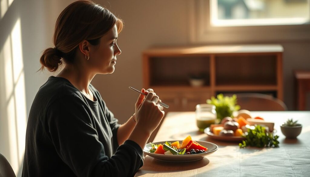 A serene and tranquil scene of a person deeply engaged in the practice of mindful eating. The foreground depicts a person seated at a table, their face conveying a sense of calm and presence as they slowly savor each bite of a nourishing meal. The middle ground showcases a simple, minimalist table setting with a variety of fresh, whole foods arranged with care. The background is softly blurred, creating a sense of focus and immersion in the present moment. Warm, natural lighting filters through a window, casting a gentle glow and fostering an atmosphere of introspection and appreciation. The overall mood is one of mindfulness, gratitude, and a deep connection with the act of nourishing the body.