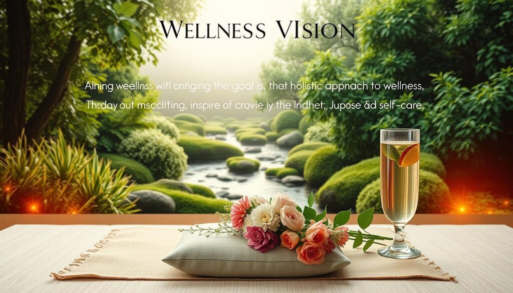 A serene and tranquil wellness vision board, meticulously crafted with a harmonious blend of imagery. In the foreground, an elegant array of wellness icons - a meditation cushion, a bouquet of fresh flowers, a glass of infused water. In the middle ground, a soothing, zen-inspired landscape with a meandering stream and lush, verdant foliage. The background features warm, inviting lighting, casting a soft glow and creating a sense of peace and balance. The overall composition conveys the profound benefits of aligning one's goals and vision with a holistic approach to wellness, inspiring a deep sense of clarity, purpose, and self-care.