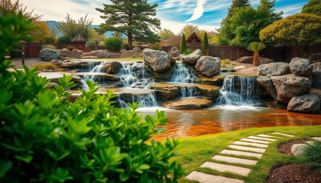 A serene backyard oasis with a captivating natural waterfall feature. The cascading waters flow gracefully over rugged, moss-covered rock formations, creating a tranquil ambiance. The foreground showcases lush, verdant foliage framing the waterfall, while the middle ground features a winding path leading towards the water's edge. In the background, towering trees and a blue sky with wispy clouds complete the picturesque scene. Warm, diffused lighting casts a soft, golden glow, enhancing the natural beauty of the setting. The overall composition evokes a sense of harmony and rejuvenation, inviting the viewer to immerse themselves in this captivating backyard water feature.
