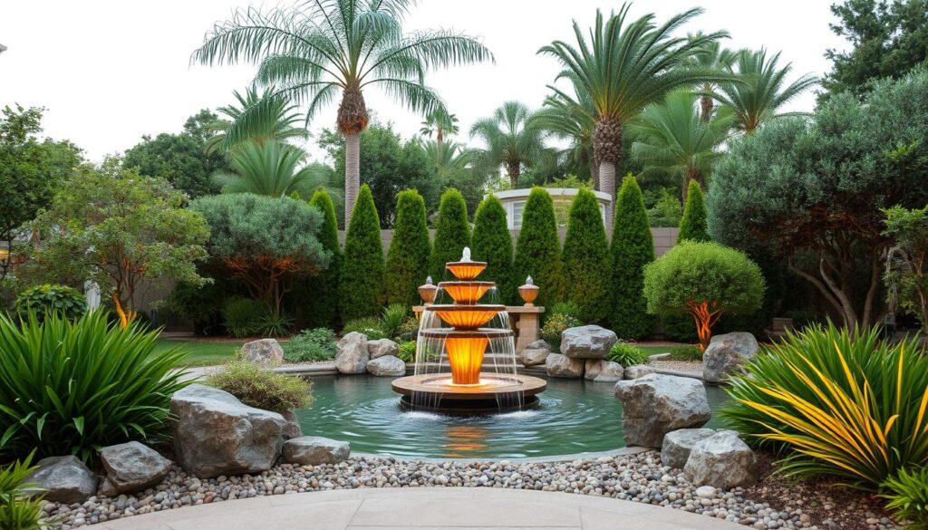 A serene backyard oasis with a captivating water feature in the center, surrounded by lush greenery and natural elements. The feature is a modern, sculptural fountain with cascading tiers of gently flowing water, bathed in warm, diffused lighting that creates a tranquil, atmospheric ambiance. In the foreground, strategically placed rocks and pebbles enhance the organic, natural feel, while the middle ground features an array of verdant, well-manicured foliage that frames the water feature. In the background, a mix of tall, swaying trees and meticulously landscaped shrubs provide a sense of depth and seclusion, evoking a peaceful, contemplative atmosphere. The overall scene conveys a harmonious blend of contemporary design and timeless natural beauty, offering inspirational ideas for 2023 backyard water feature trends.