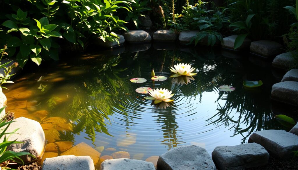 A serene backyard oasis with a small, natural-looking pond nestled among lush greenery. The pond's crystal-clear waters reflect the surrounding foliage, creating a tranquil, mirror-like surface. Gentle ripples dance across the surface, catching the warm, golden light of a late afternoon sun. Delicate water lilies float atop the pond, their vibrant petals swaying in a soft breeze. Smooth river rocks line the pond's edge, blending seamlessly with the earthy tones of the landscaping. A sense of peaceful seclusion permeates the scene, inviting visitors to pause, relax, and immerse themselves in the calming presence of this backyard water feature.