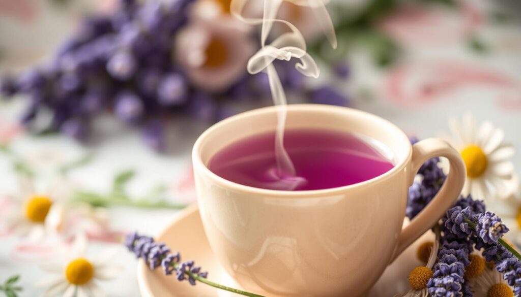 A serene, close-up shot of a delicate lavender tea cup, its fragrant steam curling gently upwards. The tea's vibrant purple hue contrasts beautifully with the light beige ceramic, set against a softly blurred floral background. Dried lavender sprigs and chamomile flowers accent the composition, creating a sense of calm and natural wellness. Warm, diffused lighting casts a soothing glow, evoking the therapeutic, aromatherapeutic qualities of this herbal infusion. The overall mood is one of tranquility, inviting the viewer to pause and savor the moment of relaxation.