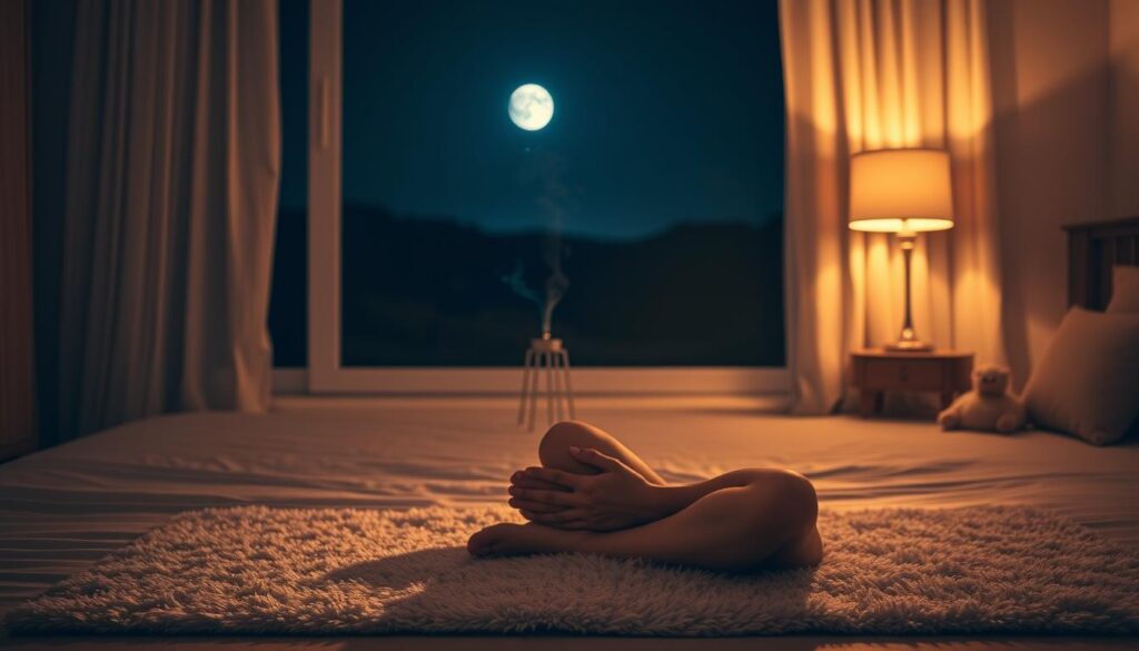 A serene, dimly lit bedroom bathed in the warm glow of a single bedside lamp. In the foreground, a person sits cross-legged on a plush rug, eyes closed, hands resting gently on their lap, embodying deep relaxation and tranquility. Soft, diffused lighting casts a calming ambiance, accentuating the peaceful atmosphere. In the middle ground, a small incense burner emits delicate wisps of fragrant smoke, enhancing the meditative experience. The background features a large window overlooking a nighttime landscape, with the moon and stars providing a soothing, natural backdrop. This image evokes a sense of inner calm and mindfulness, perfectly capturing the essence of a nighttime wellness routine.