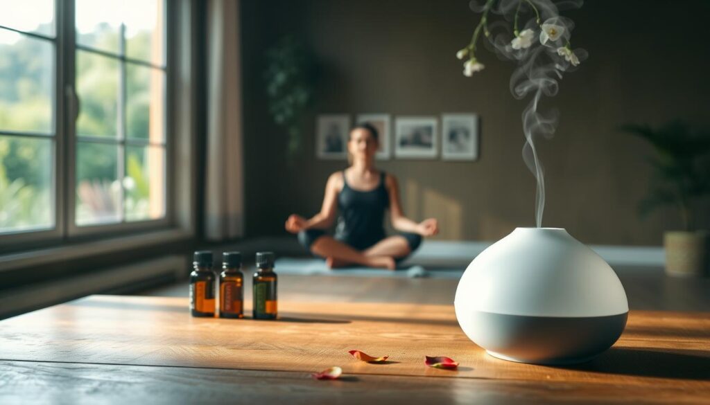 A serene, dimly lit room with a wooden table in the foreground, featuring an assortment of essential oil bottles, a diffuser, and a few scattered petals. The middle ground showcases a person sitting cross-legged, eyes closed, and deeply immersed in meditation, surrounded by a gentle haze of essential oil vapor. The background depicts a calming, natural landscape with lush greenery and a soft, warm lighting filtering through the windows, creating a soothing, holistic atmosphere. The scene conveys a sense of tranquility, balance, and the restorative power of aromatherapy for mental health.