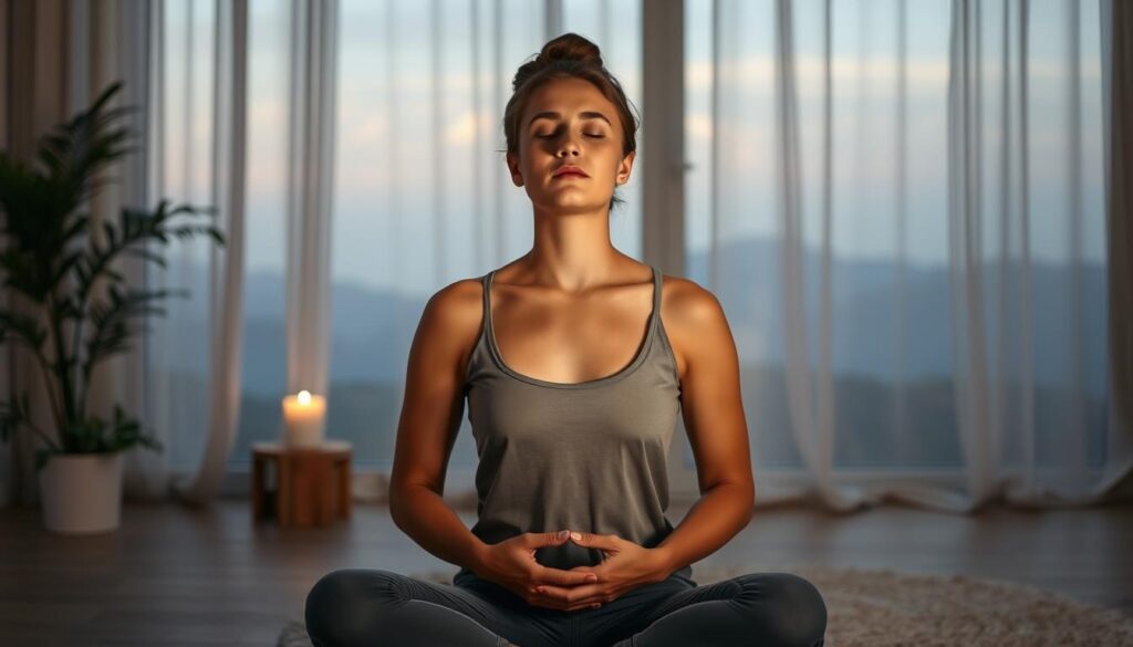 A serene, dimly lit room with soft, diffused lighting. In the foreground, a person in a relaxed seated position, their eyes closed, hands resting gently on their lap. They are practicing a breathing exercise, their chest gently rising and falling. The background features soothing natural elements, such as a potted plant, a candle, and a tranquil, blurred landscape. The overall atmosphere is one of calm, relaxation, and mindfulness, capturing the essence of breathwork techniques for stress and fatigue relief.
