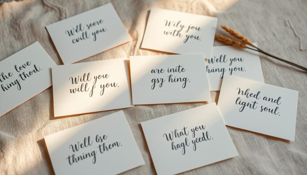 A serene, handwritten composition of affirmation cards in soft pastel hues, arranged on a linen textured surface. Each card features a unique, custom-designed affirmation crafted in a flowing cursive script. The cards are lit by gentle, warm-toned natural light, casting subtle shadows that add depth and dimension. The overall scene evokes a sense of mindfulness, self-reflection, and the personal journey of growth and self-discovery.