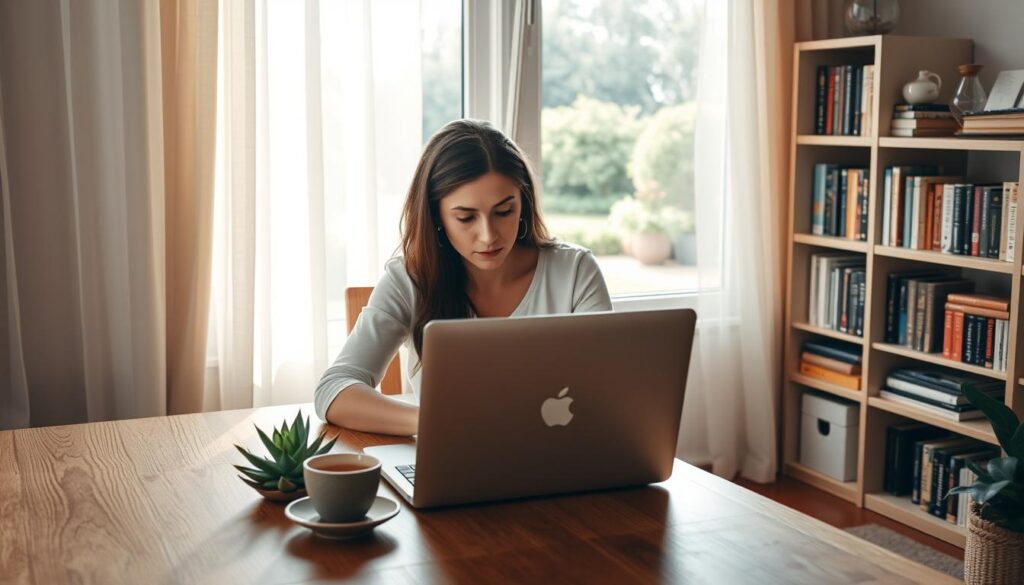 A serene home office, bathed in soft natural light filtering through sheer curtains. In the foreground, a woman sits at a minimalist wooden desk, her expression pensive as she contemplates her laptop. Beside her, a succulent plant and a cup of herbal tea suggest a calming, restorative environment. The middle ground features a bookshelf filled with volumes on wellness and stress management, while the background showcases a tranquil garden view, hinting at the importance of nature in adrenal fatigue recovery. The scene exudes a sense of balance, mindfulness, and the gentle embrace of self-care, perfectly encapsulating the theme of &quot;Chronic Stress and Adrenal Fatigue&quot; management.