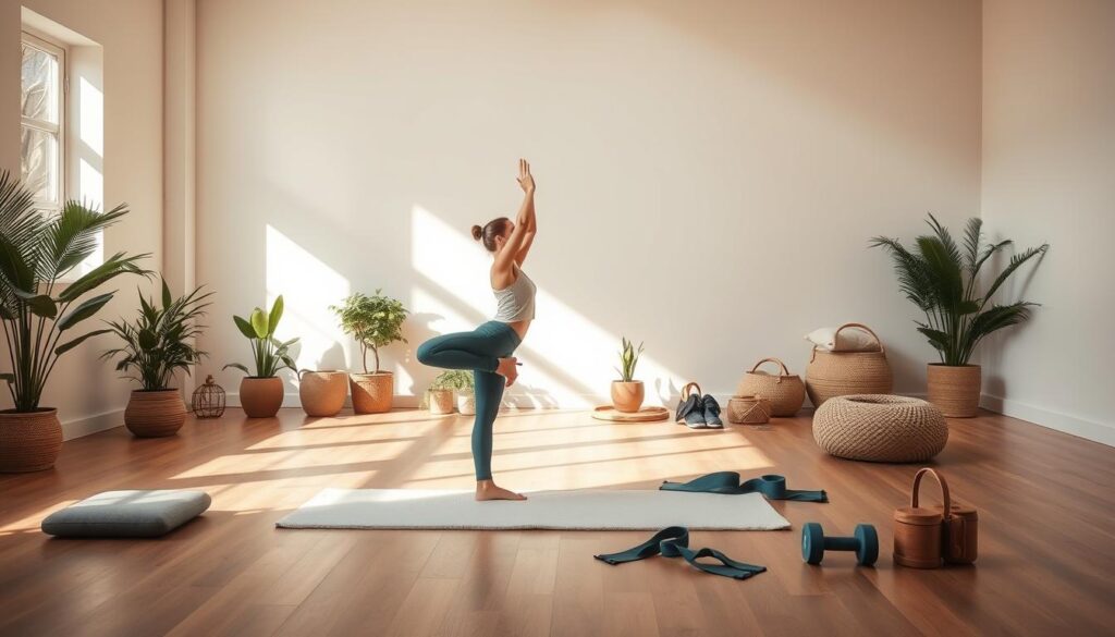 A serene indoor studio filled with natural light, soft shadows, and a soothing color palette. In the foreground, a person gracefully performing a yoga pose on a plush mat, their body and mind in perfect harmony. Surrounding them, an array of wellness tools and accessories, including meditation cushions, resistance bands, and a pair of dumbbells, subtly arranged to suggest a range of mind-body exercise options. In the middle ground, potted plants and natural textures like woven baskets create a calming, nature-inspired atmosphere. The background features a neutral, minimalist wall, allowing the focus to remain on the wellness activities. The overall mood is one of tranquility, balance, and the integration of physical and mental well-being.