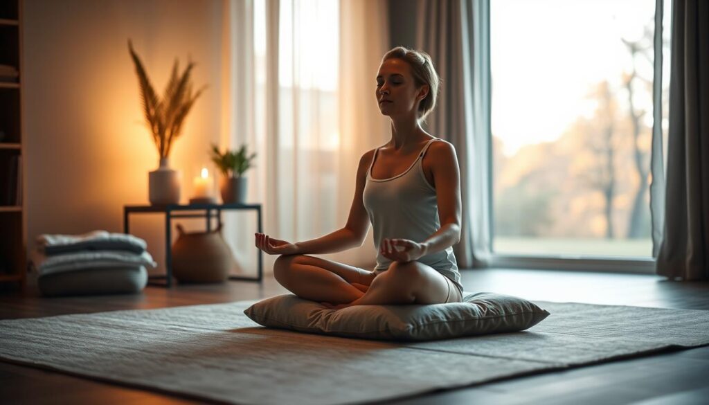 A serene meditation room with a calming atmosphere. In the foreground, a person is sitting cross-legged on a plush cushion, eyes closed, hands resting on their lap in a mindful pose. Warm, diffused lighting from a large window floods the space, casting a soft glow. The middle ground features simple decor elements like a potted plant, a small table with a candle, and a folded blanket, all in muted, earthy tones. The background is blurred, hinting at a tranquil outdoor scene visible through the window, with gentle trees swaying in the breeze. The overall scene evokes a sense of inner peace and stress relief through the practice of mindfulness.