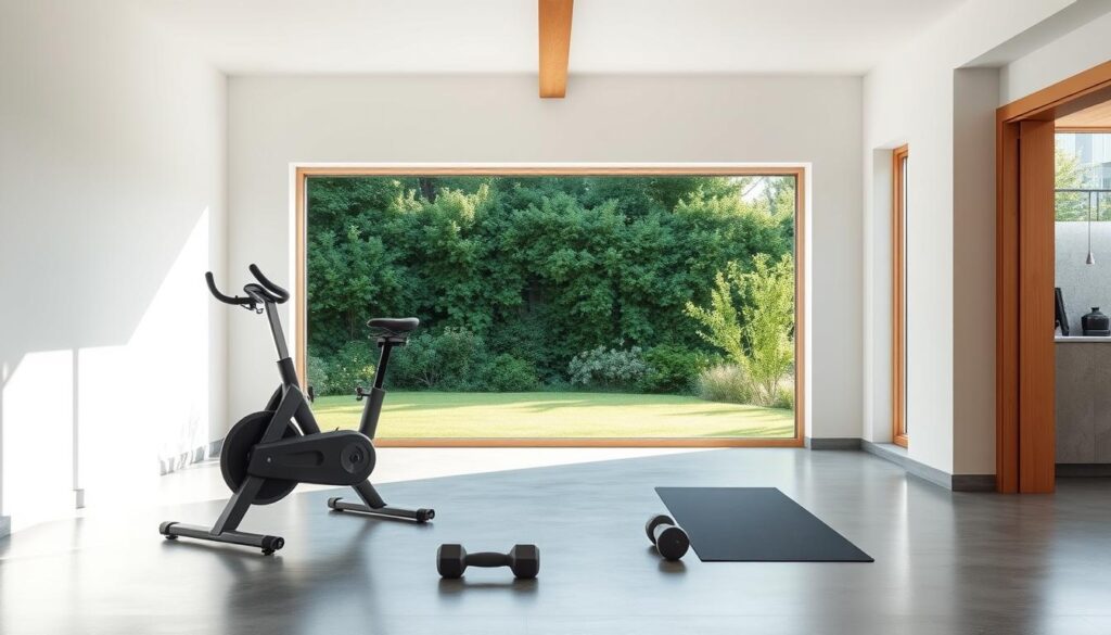 A serene, minimalist home gym bathed in natural light. A polished concrete floor anchors the space, while a single wooden beam ceiling adds warmth. In the foreground, a sleek, black exercise bike stands ready, its clean lines echoing the zen-like aesthetic. Flanking it, a pair of simple, grey dumbbells and a yoga mat invite a focused, meditative workout. The background features a large, framed window overlooking a lush, verdant garden, blurring the lines between indoors and out. The overall mood is one of calm, understated elegance - a sanctuary for both the body and the mind.