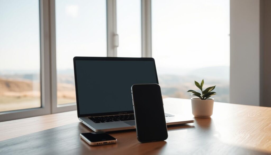 A serene, minimalist office space with a laptop, smartphone, and a potted plant on a wooden desk. The laptop screen is dimmed, and the smartphone is placed face-down, emphasizing the digital detox theme. Soft, natural lighting filters through large windows, creating a calm and focused atmosphere. In the background, a tranquil landscape with rolling hills and a clear sky, suggesting the importance of unplugging and reconnecting with the natural world. The overall scene conveys a sense of productivity, clarity, and improved time management through the conscious reduction of digital distractions.